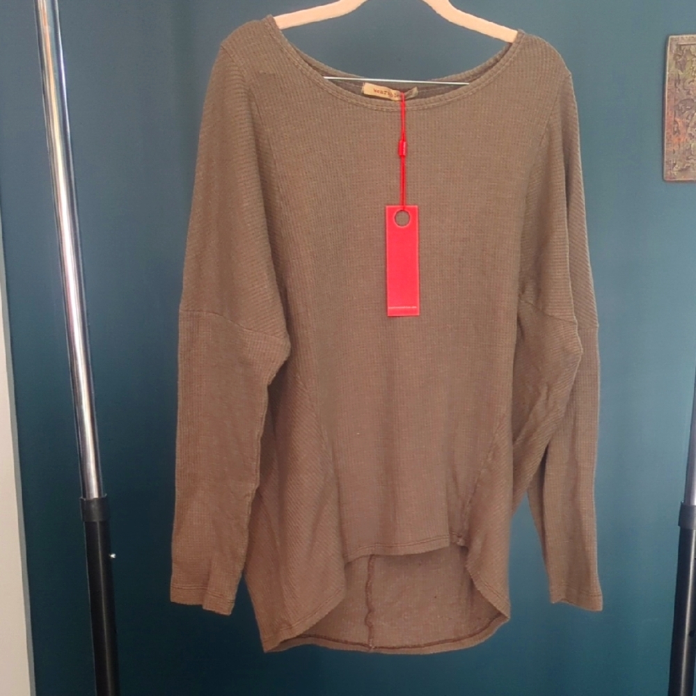 XCVI Wearables Olive Waffle High Low Pullover